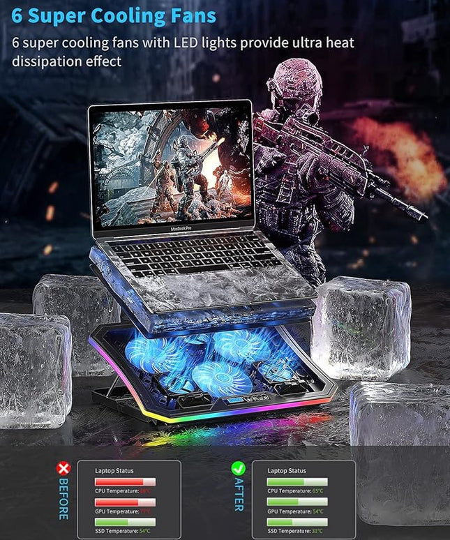 KeiBn Upgarde Laptop Cooling Pad, RGB Lights Laptop Cooler 6 Fans for 15.6-17.3 Inch Laptops, 7 Height Stands, 10 Modes Light, 2 USB Ports, Desk or Lap Use (A8,Blue)