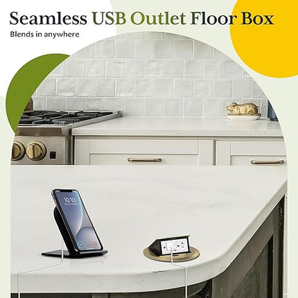 TG Round Pop-Up Floor Box Kit with USB Type A/C, 20A Tamper-Resistant Receptacle Outlet, Outlet Cover Box, USB Port Type A Type C, 36AC, Watertight Gasket and Corrosive Resistant Hardware, Brass