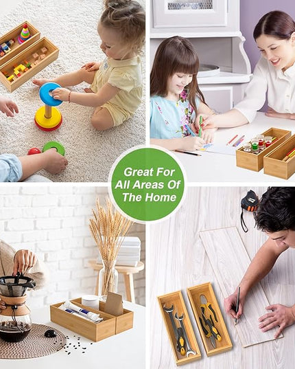 Bamboo Drawer Organizer – Set of 2 Stackable Storage Boxes, Silverware Tray & Small Gadget Holder for Kitchen Drawers, 9" x 3" x 2" (Outer), 8.3" x 2.3" x 1.77" (Inner)