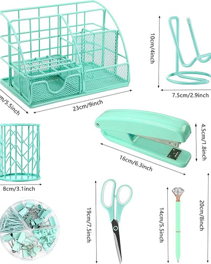 Green Desk Organizers and Accessories Office Supplies Set Stapler, Pen Holder, Phone Holder, Scissors, Pen, Ruler, 30 Paper Clips, 22 Binder Clip, 20 Tacks and 1000pcs Staples