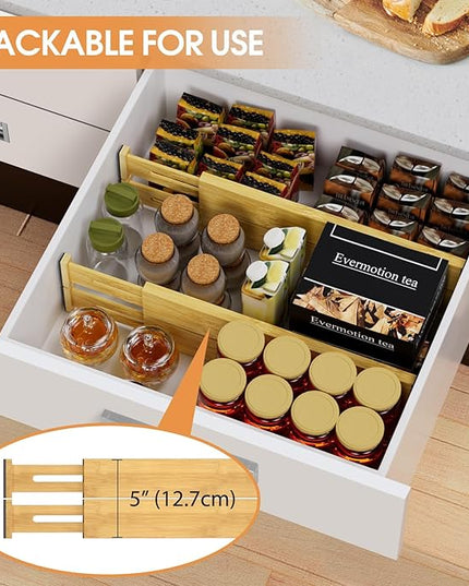 Bamboo Drawer Dividers Organizers, Kitchen Drawer Organizer, Adjustable Drawer Divider for Clothes, Kitchen, Dresser, Bedroom, Bathroom and Office, 4-Pack (Natural, 12-17 IN)