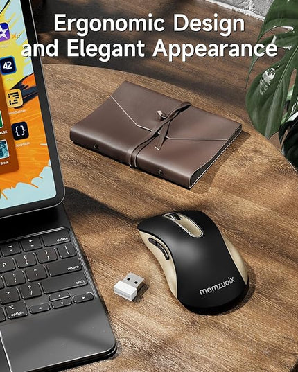 memzuoix 2.4G Wireless Mouse, 1400 DPI Computer Mice with USB Receiver, Portable Wireless USB Battery Powered Cordless Mouse for Laptop, PC, Desktop, 5 Buttons (Black Gold)