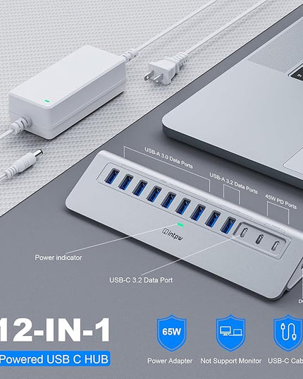 YH9AC Powered USB Hub 10Gbps, intpw 12 Port USB C Hub with 10Gbps USB C 3.2+2 USB A 3.2, 7 USB 3.0, 2 PD 45W Charging Port, 65W Power Adapter + 3.3FT Cable, Aluminum USB Hub for Laptop/iPhone 17/16/PC