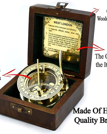 SARA NAUTICAL Antique Brass Sundial Compass, Sundial Clock in Box Gift Sun Clock Ship Replica Watch,Ship Decorations