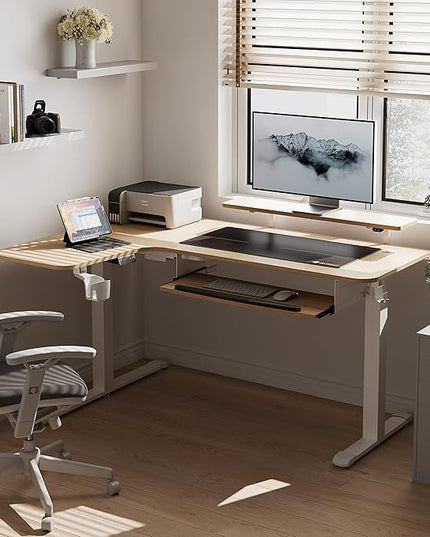 EUREKA ERGONOMIC Standing Desk Adjustable Height 61" Electric Sit Stand Computer Desk L Shaped with Keyboard Tray,Monitor Stand &LED, Dual Motor Memory Presets Sit to Desk Adjustable Desk, Left/Maple