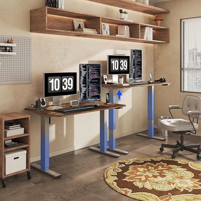 FLEXISPOT EN1 One-Piece Standing Desk 55 x 28 Inches Height Adjustable Electric Desk (Silver Frame + Rustic Top, 2 Packages)