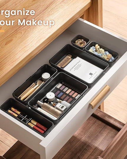 A-LuGei 【𝟮𝟴𝗣𝗖𝗦】 【𝟱𝗦𝗶𝘇𝗲】 Black Drawer Organizer, Makeup organizer, 【Holds 177 Items】 Bathroom Organizers and Storage, Plastic Desk Organizer Divider, Organizer Bins for Office Vanity