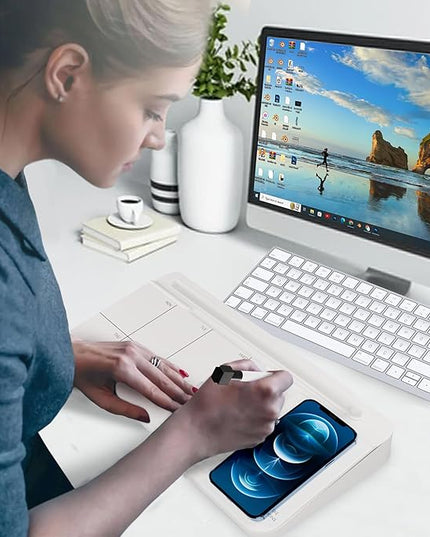 NEXTLUXE Glass Desk Whiteboard with Wireless Charger - Desktop Whiteboard with Storage, Weekly Planner, Dry Erase Pad, Organizer Drawer for Home, School, Office Gadgets – White