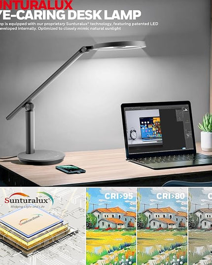 Honeywell Desk Lamp for Home Office, H6 Sunturalux™ Eye-Caring Led Desk Light, 800LM Dimmable Desk Lamp with Timer, Touch Control Tall Desk Reading Light, Table Lamp for Circle Webcam, Study, Bedroom