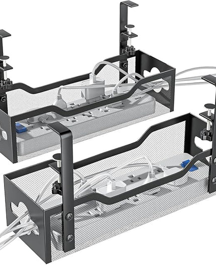 2 Pack Under Desk Cable Management Tray, 13.38" Cable Organizer No Drill, Quszmd Standing Cord Organizer and Wire Management - Black