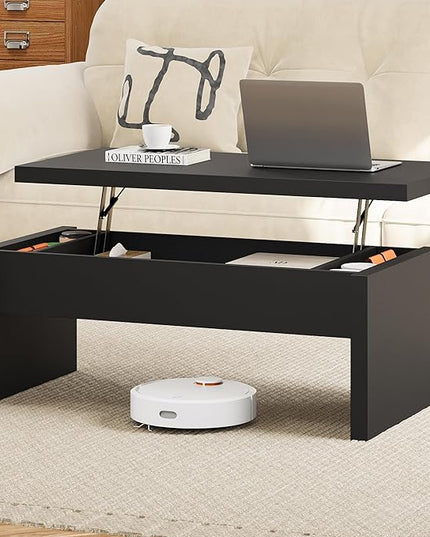 Small Lift Top Coffee Table, Wood Rectangle Coffee Table with Lifting Top and Hidden Storage Compartment, Modern Mid Century Center Tables for Small Space, Living Room, Office-Black