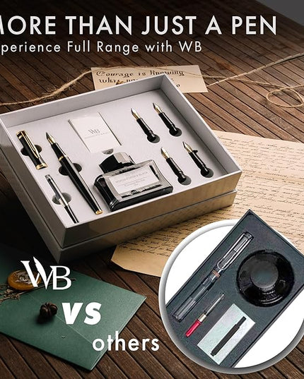 Wordsworth & Black Fountain Pen Gift Set, Includes Bottle, 6 Cartridges, Refill Converter, 4 Replacement Nibs, Premium Package, Journaling, Calligraphy, Smooth Writing Pens [Black Gold]