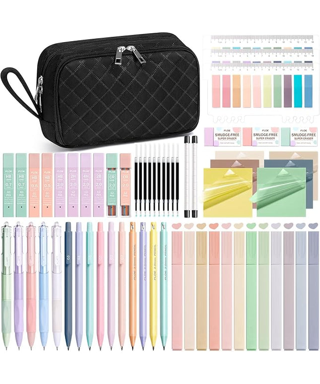 62PCS Aesthetic School Supplies with Cute Pencil Case, Pastel Highlighters Black Ink Gel Pens Mechanical Pencils Kit, Back to School Supplies College Essentials Preppy Stationary Set for Student Girls