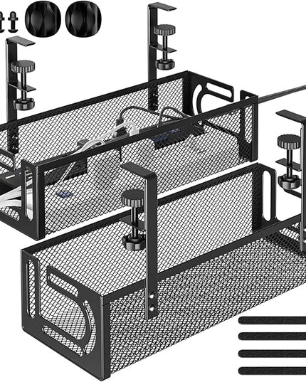 Under Desk Cable Management Tray, 15.7'' No Drill Steel Desk Cable Organizers, Wire Management Tray Cable Management Rack (2 Packs-Black)