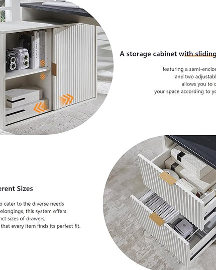 JXQTLINGMU 67" Modern L Shaped Desk with Storage Cabinet & Drawers, Wood Home Office Desk with Power Outlets, Fluted Computer Writing Desk, Antique White