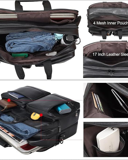 Leather Briefcase for Men Expandable Large 17 Inch Laptop Crossbody Shoulder Bag Business Travel Duffel Attache Case