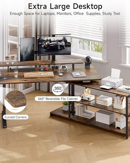 ONBRILL L Shaped Standing Desk with File Cabinet, 55x24'' Electric Stand Up Desk with Monitor and Storage Shelf, Adjustable Height 28-46'' for Home and Computer Workstation, Rustic Brown