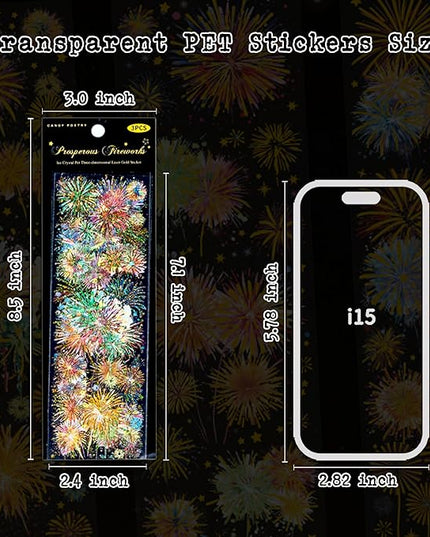 Holographic Fireworks Stickers for Journaling and Crafts, 12 Sheets Transparent PET Stickers for Scrapbooking, Junk Journal Supplies, Collage, DIY Paper Arts Decorative