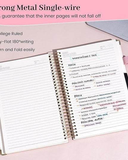 FLYING EAGLE Leather Spiral Notebooks for Work 5 Subject Notebook College Ruled with Dividers Pen, 360 Pages B5 Hardcover Lined Journals for Women Men Writing,Pink