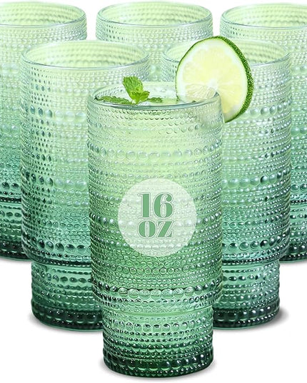 6pcs Hobnail Drinking Glasses Set, 16 oz Vintage Glassware Drinking Glasses, Gradual Dark Green Water Glasses Tumbler, Cups for Kitchen, Juice, Beer, Cocktail, Whiskey