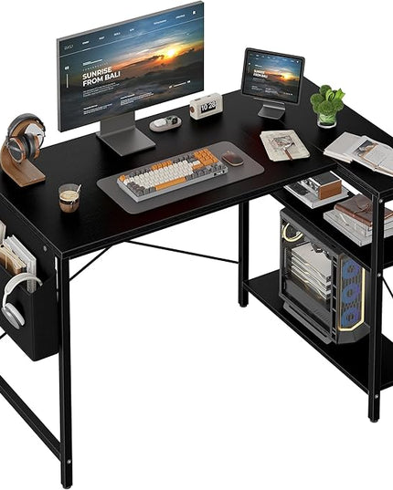 Grandder L Shaped Computer Desk with Reversible Shelves, 47 Inch Small Corner Desk with Storage Bag, Gaming Desk Computer Table Study Writing Table for Home Office Bedroom Small Space, Black
