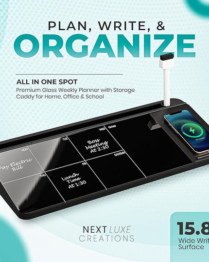 NEXTLUXE Glass Desk Whiteboard with Wireless Charger - Desktop Whiteboard with Storage, Weekly Planner, Dry Erase Pad, Organizer Drawer for Home, School, Office Gadgets – Black (Black)