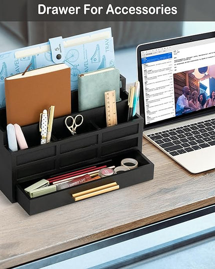 dreampossible Black Wood Desk Organizer and Accessories with Drawer, Bill Mail Organizer and File Mail Holder for Office Supplies, Rustic Desk Accessories & Workspace Organizers for Desk Organization