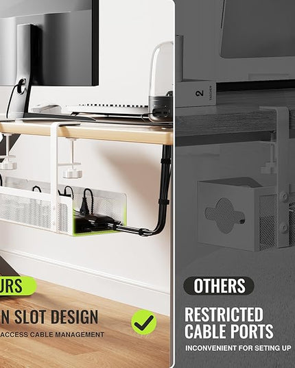 [Upgraded] 2 Pack Cable Management Under Desk Tray, Xpatee 27.6" No Drill Open Slots Cable Management Tray, Cord Wire Organizer Box with Clamp for Table Thickness up to 3" - No Desk Damage(White)