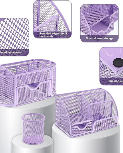 17 in 1 Purple Desk Organizers and Accessories Set, 3 Office Desk Supplies Storage Organization, 4 Pens, Stapler, Staples & Remover, Tape & Dispenser, Scissors, Ruler, Clips, Hole Punch Back to School