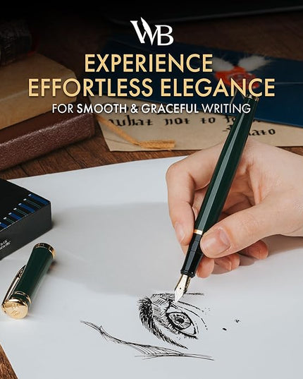 Wordsworth & Black Fountain Pen Set, 18K Gilded Extra Fine Nib, Includes 24 Pack Ink Cartridges, Ink Refill Converter & Gift Box, Gold Finish, Calligraphy, [Racing Green], Perfect for Men & Women