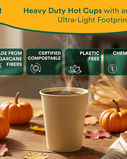 ECO SOUL 100 Pack 8 oz Disposable Coffee Cups Eco-Friendly, Biodegradable, Compostable, Leak-free & Sturdy To Go Hot Drink Travel Bagasse Cup for Tea, Chocolate, Party, Picnic & Cafe, Office & Home
