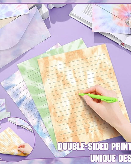 TaoBary 160 Pcs Stationery Paper Set 50 Double Sided Stationery Papers with 50 Matching Envelopes and 60 Round Dot Sticker, 10 Design(Tie Dye,8.5 x 11 Inch)
