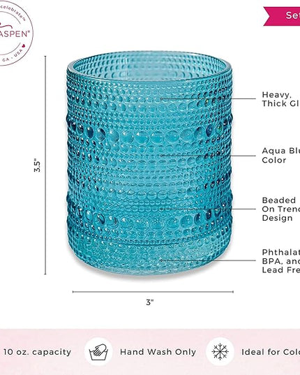 Kate Aspen Hobnail Beaded Drinking Glasses Vintage Glassware Set | Cocktail Glass Set, Juice Glass, Water Cups | Makes A Great Hostess Gift, Gift for Newlyweds (Aqua Blue)