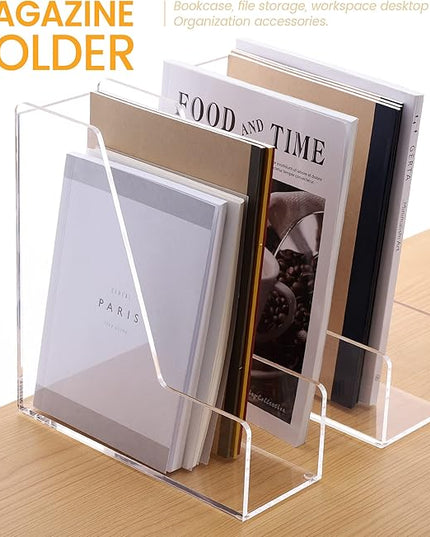 Magazine Holder, Clear Acrylic Desk Organizers, File Organizer for Desk, Magazine Rack- Desktop Book Storage -Independent Vertical 1 Space-2 Pack