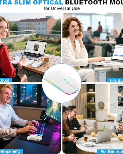 LED Bluetooth Wireless Mouse for MacBook Air Mac Pro Laptop Computer iPad, Rechargeable Silent Light-Up Mouse Jiggler Optical Dual Mode BT5.2 & USB-A/USB-C for Students, Kids, Girls, Boys - White