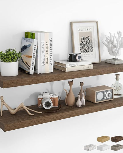 RICHFOCUS 48Inch Floating Shelves for Wall 2 Pack Shelves for Bedroom|Kitchen|Bathroom Wall Mounted Rustic Wood Floating Shelf with Invisible Brackets for Books|Storage|Decor, Walnut