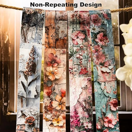 AuriicLeaf Vintage Floral Washi Tape Set – 6 Rolls, 2M Non-Repeating Flower Collage Designs, Decorative Craft Tape for Scrapbooking, Journals, Planners with Accessory Clip Included
