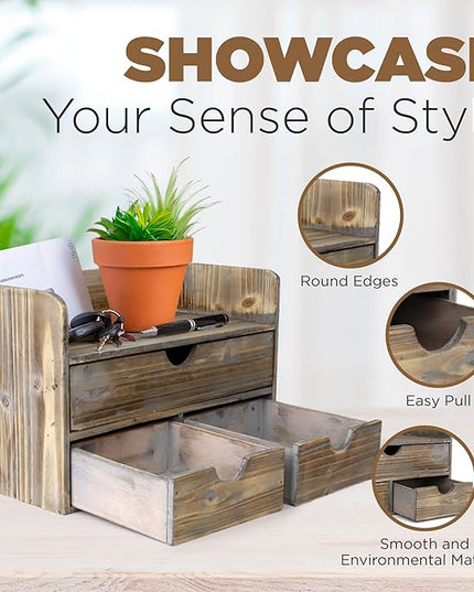 Besti Wooden Office Desk Organizer - Organizing Tool for Desktop, Cubicle, Bedroom, Kitchen - Vintage Style Organization Caddy with Top Tray Shelf & 3 Drawers - 13.6x9x7 Inches (Rustic)