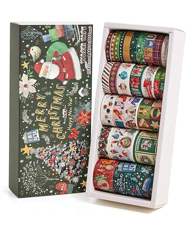 25 Rolls Christmas Gift Washi Tape Set, Festivals New Year Decorative Tapes for Scrapbooking, Junk Journal supplies, DIY Crafts Gift, Party Decorations, Bullet Journaling, 5-50mm Wide 9.84ft long/Roll