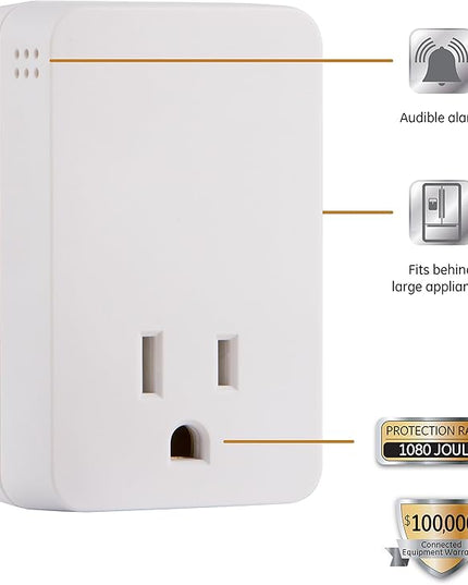 GE UltraPro Surge Protector Plug with Alarm, Outlet Extender, Plug Adapter, Appliance, Refrigerator, End of Service, 1080 Joules, Warranty, UL Listed, White, 38124