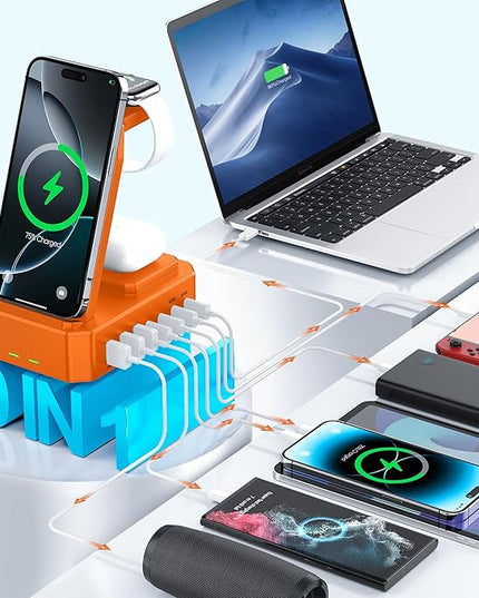 300W Charging Station for Multiple Devices Apple, Zutspzss 10 in 1 Wireless Charger for iPhone 16, GaN III USB C 65W PD Fast Charging Stand Dock for MacBook, Apple Watch&Airpods,Orange