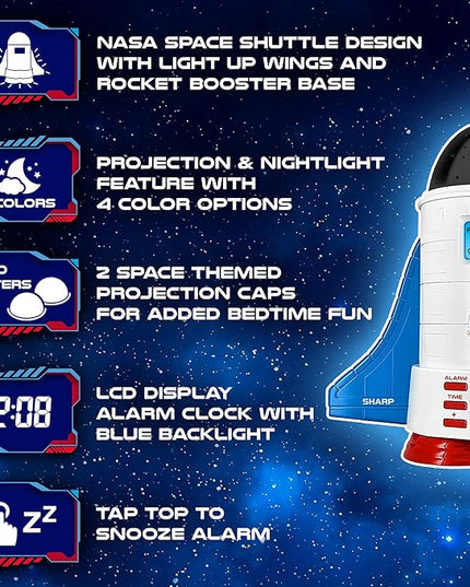 Sharp NASA Space Shuttle Night Light Alarm Clock – Wings and Booster Lights Up – Space Design Nightlight Fun with 4 Color Options and 2 Space Themes for Bedroom, Great Gift!
