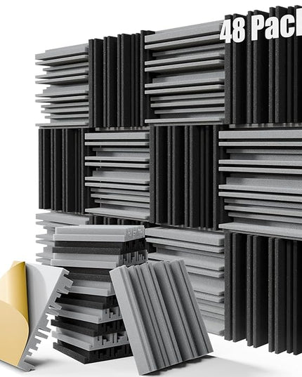 48 Pack Sound Proof Foam Panels,12" X 12" X 2" Self-adhesive Acoustic Panels with High Density,Decorative Soundproof Wall Panels Sound Absorbing Foam for Wall and Ceiling(Black+Gray)