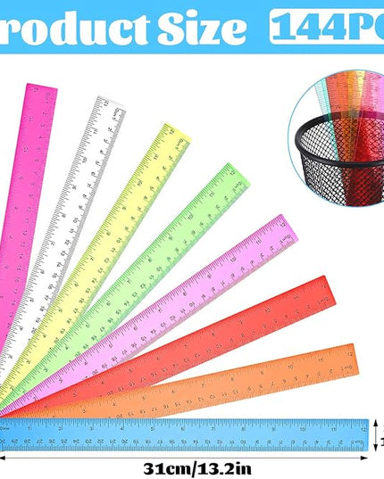 144 Pack 12 Inch Clear Plastic Rulers Bulk, Transparent Assorted Color Rulers with Inches and Centimeters for Classroom Office Supplies