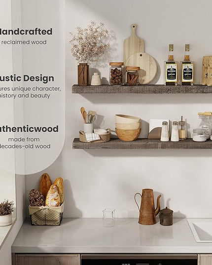 Floating Shelves Reclaimed Barnwood, 8" Deep Solid Wood Floating Shelf Wall Hanging Shelves with Invisible Heavy-Duty Metal Bracket | Wall Mounted | Farmhouse Style | 40 inches,2PCS,Grey