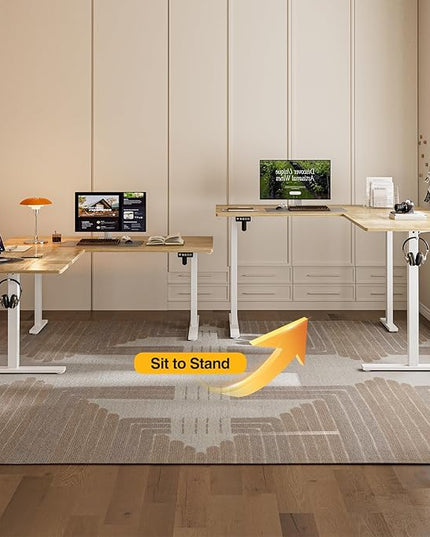 Grandder 63 x 55 Inch L Shaped Standing Desk, Electric Height Adjustable Corner Stand Up Desk, Sit Stand Corner Table Home Office Table, Oak Top White Frame