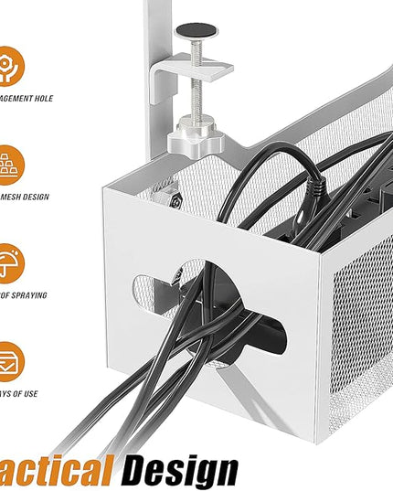 Under Desk Cable Management Tray 24.8", Quszmd Cable Organizer No Drill, Standing Cord Organizer and Wire Management Tray - No Damage to Desk, White
