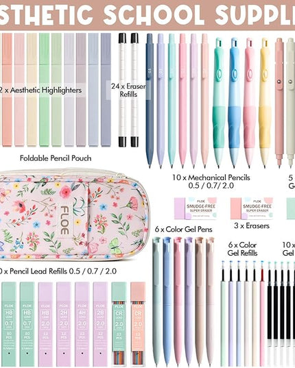 65PCS Aesthetic School Supplies with Cute Pencil Case, Pastel Highlighters Gel Pens Mechanical Pencils Set 0.5 0.7 & 2.0mm, Office Back to School Supplies College Essentials Kit Student Stationary Set