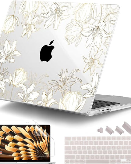 DONGKE for M4 MacBook Air 13.6 Inch Case 2025 2024 2023 2022 Model A3240 A3113 A2681 M3 M2 Chip, Plastic Hard Shell Case Cover with Touch ID for MacBook Air 13 Inch M4 - Golden Floral