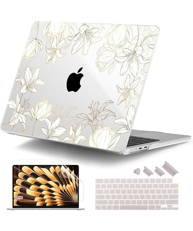 DONGKE for M4 MacBook Air 13.6 Inch Case 2025 2024 2023 2022 Model A3240 A3113 A2681 M3 M2 Chip, Plastic Hard Shell Case Cover with Touch ID for MacBook Air 13 Inch M4 - Golden Floral